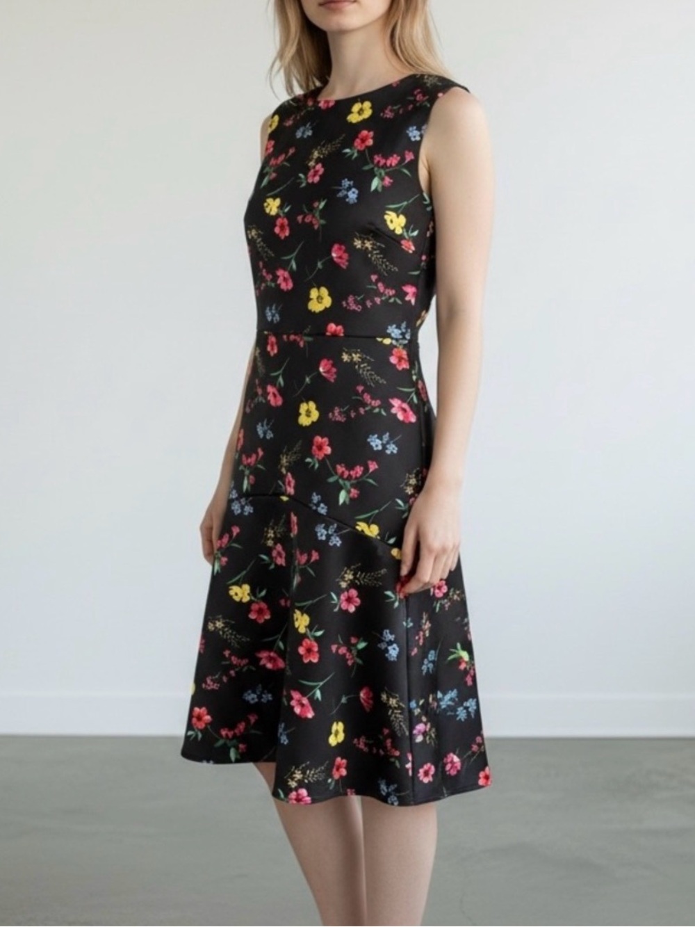 Alexia Admor Black Sleeveless Midi Dress with Pink, Yellow & Blue Floral Print